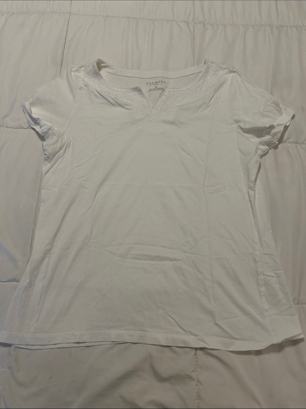 Talbots White Short-Sleeve V-Neck Tee with Embellished Trim